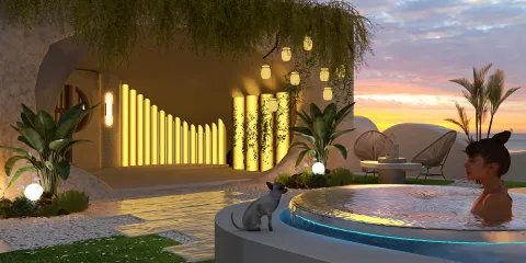 outdoor pool area featuring a relaxing setting with modern landscaping and ambient lighting, designed using Homestyler's real-time 3D rendering for enhanced visualization