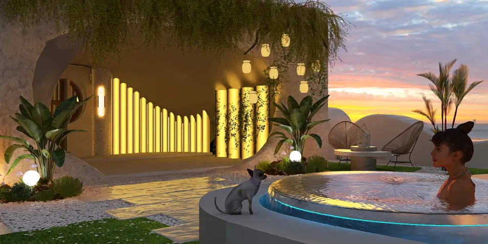 A woman relaxing in a jacuzzi in a modern outdoor space with stylish lighting and greenery, showcasing a serene atmosphere for interior decoration, utilizing Homestyler's real-time 3D rendering feature.