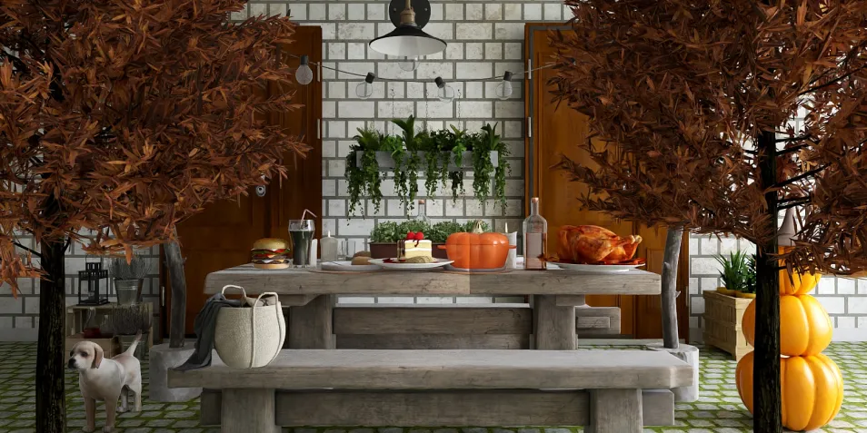 outdoor dining area with wooden table and rustic decor featuring autumn foliage and decorative pumpkins, styled for a cozy fall gathering, utilizing Homestyler's real-time 3D rendering feature.