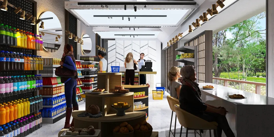 Retail space featuring vibrant product displays and a sleek checkout counter, showcasing an inviting modern interior design with efficient layout for commercial space planning using Homestyler's intelligent furniture arrangement.