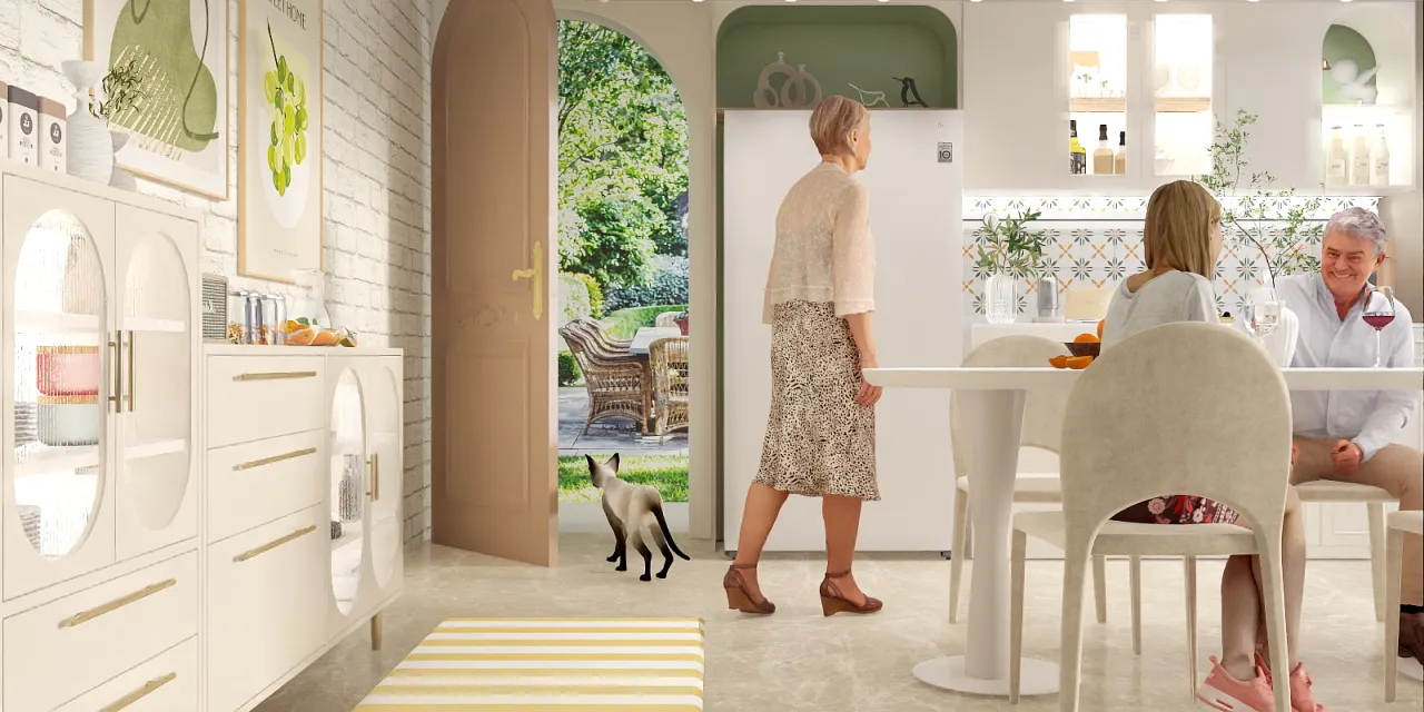 a man and woman are standing in a kitchen 