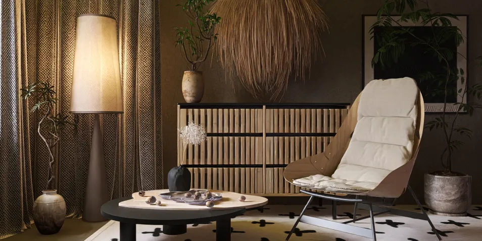 cozy armchair design with a modern coffee table and decorative plants in a stylish living room, featuring a soft color palette and texture mix; ideal for interior decor inspiration for small spaces using Homestyler's real-time 3D rendering.