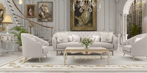 luxurious living room with velvet sofas arranged elegantly in a classic style featuring intricate moldings and a grand chandelier, showcasing Homestyler's real-time 3D rendering functionality