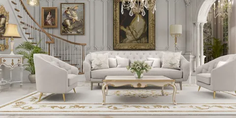 luxurious living room design featuring elegant furniture arrangement with soft color palette in neoclassical style, showcasing Homestyler's real-time 3D rendering capabilities for interior design visualization.