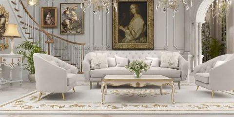 Elegant living room featuring plush sofas and a decorative coffee table in a classic style with a touch of luxury, showcasing Homestyler's real-time 3D rendering.