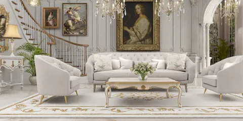 Elegant living room featuring a plush sofa and armchairs, designed in a classic style with modern touches, enhancing the space's aesthetic appeal using Homestyler's real-time 3D rendering.
