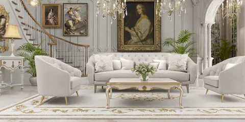 Elegant seating arrangement in a luxurious living room featuring classic furnishings and ornate decor, showcasing interior design with a focus on Homestyler's real-time 3D rendering for effective renovation previews.
