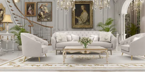 luxurious living room with elegant furniture arrangement in classic style featuring detailed wall art and chandeliers, showcasing indoor decor with the smart furniture layout function from Homestyler