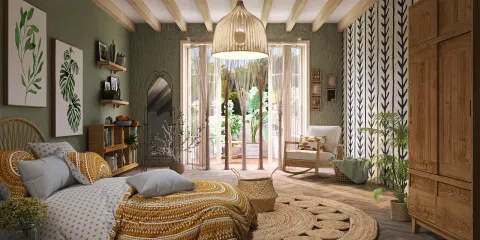 cozy bedroom featuring a warm color palette with a circular rug, designed with natural elements and greenery, utilizing Homestyler's real-time 3D rendering to visualize the space.