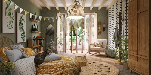 A cozy bedroom featuring a bohemian design with a cat lounging on a patterned bedspread, showcasing the use of greenery and natural textures, while utilizing Homestyler's smart furniture arrangement for optimal small space utilization.