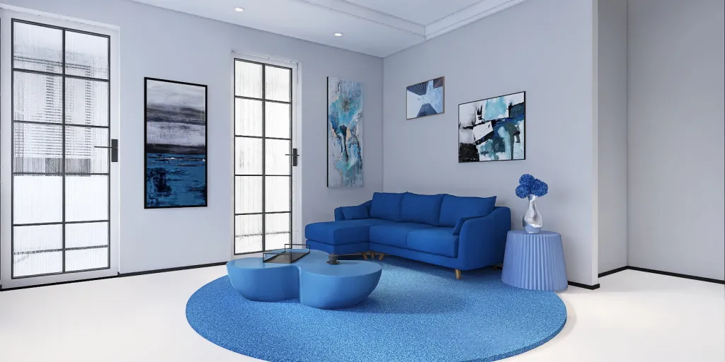 a living room with a blue couch and a blue wall 