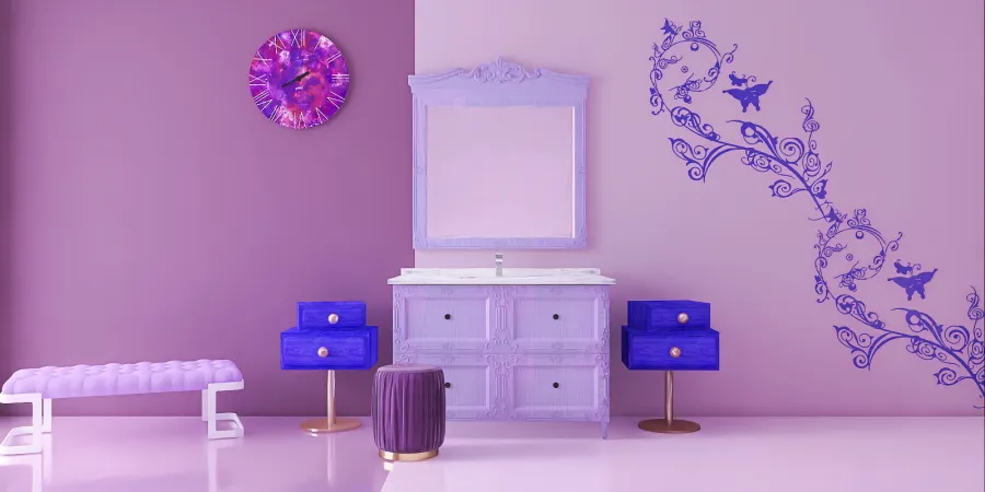 a room with a pink wall and a blue wall 