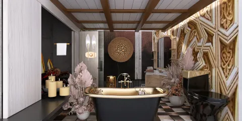luxurious bathroom design featuring a freestanding golden bathtub and elegant decor with a modern touch, showcasing a high-end interior design style; utilizes Homestyler's real-time 3D rendering for efficient visualization.