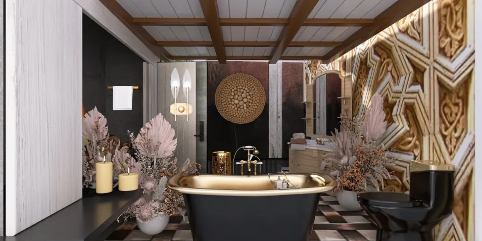 luxurious bathroom design featuring a freestanding bathtub, optimizing small spaces with smart furniture arrangement in a modern style; showcasing Homestyler's real-time 3D rendering capability.