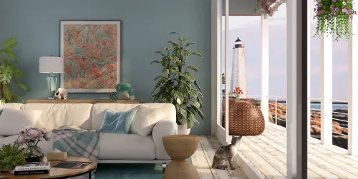 Cool Blue Living Area with a Lighthouse View