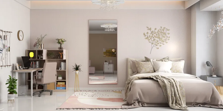 a bedroom with a bed, table, and a mirror 