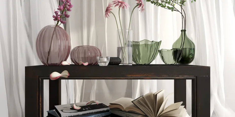 Decorative vases with flowers arranged on a console table in a modern interior style, showcasing artistic decor elements; features Homestyler's real-time 3D rendering for accurate visualization.
