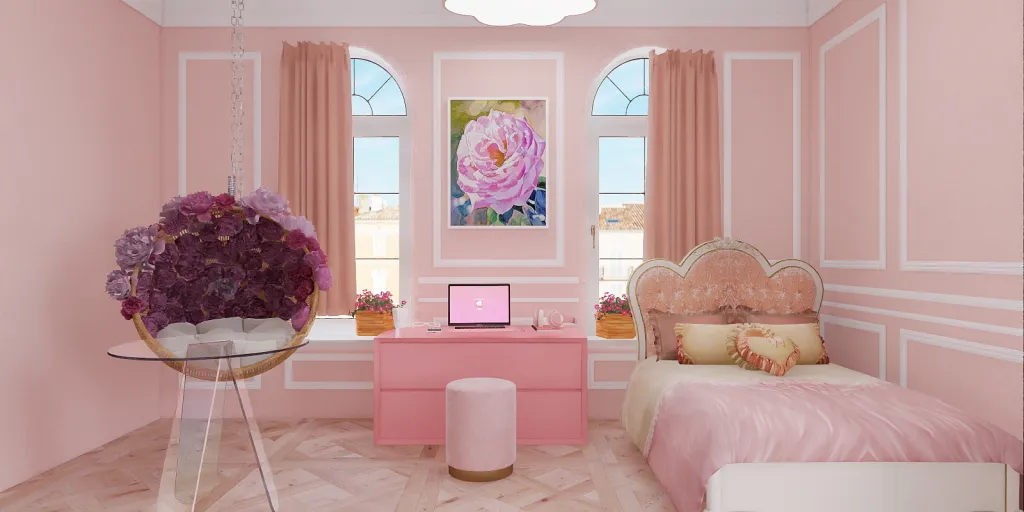 a bedroom with a pink bedspread and pink flowers 