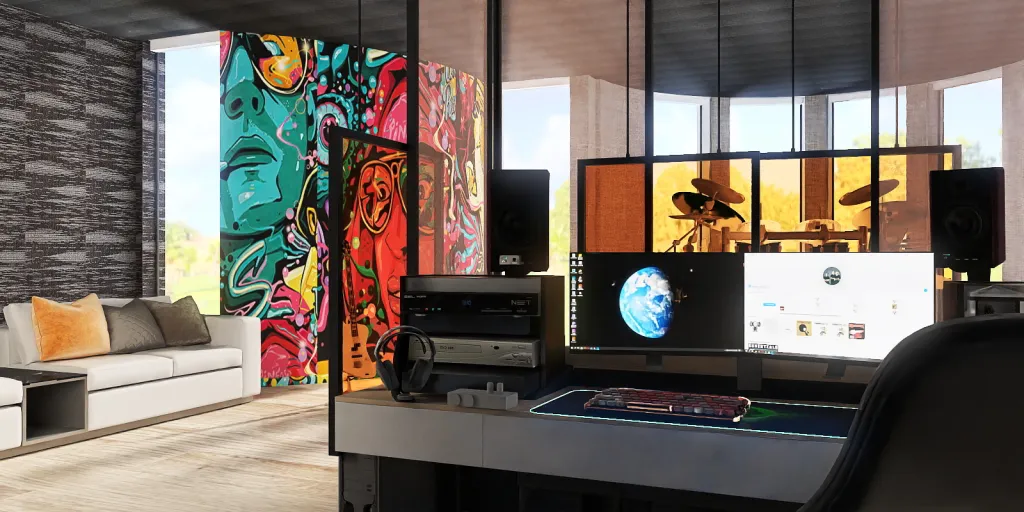a room with a computer desk and a painting on the wall 