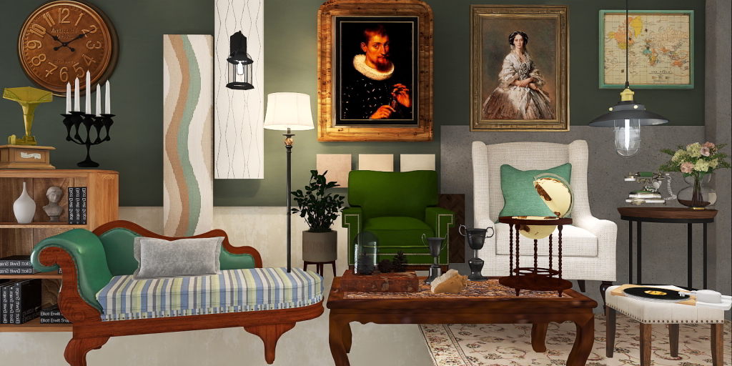 a living room with a painting of a woman on the wall 
