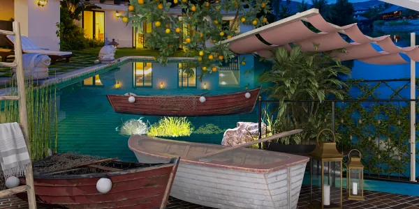 Boats by the poolside in an outdoor living area, creating a serene ambiance in a coastal style; featuring interior decor with Homestyler's 3D rendering for visualizing outdoor designs.