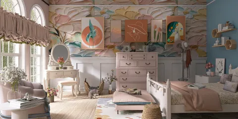 A beautiful bedroom featuring soft pastel colors, showcasing an elegant design with floral wallpaper and modern art pieces. This space utilizes Homestyler's real-time 3D rendering feature to enhance interior decor visualization.