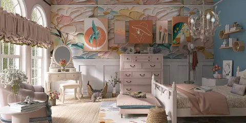 A cozy bedroom featuring pastel colors and floral wallpaper, showcasing the design action of decorating with an elegant touch, reflecting a modern interior style, enhancing relaxation in a personal space using Homestyler's real-time 3D rendering feature.