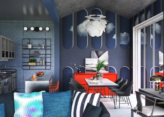 Beautiful cloud theme Living W/ a pop of color Design Rendering