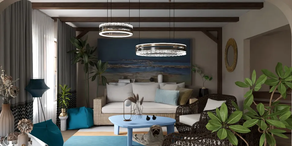 modern living room design featuring a cozy sofa arrangement with decorative plants and stylish lighting, utilizing Homestyler's real-time 3D rendering for interior design visualization.