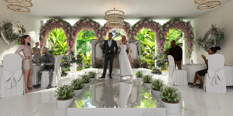 wedding ceremony scene showcasing couple exchanging vows in an elegantly designed space with floral decor and seating arrangements, interior design featuring modern style and bright atmosphere, utilizing Homestyler's real-time 3D rendering for an immersive experience.