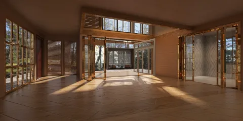 spacious living room with large windows showcasing natural light and wooden architecture, enhancing interior design with Homestyler's real-time 3D rendering feature for effective renovation visual preview.