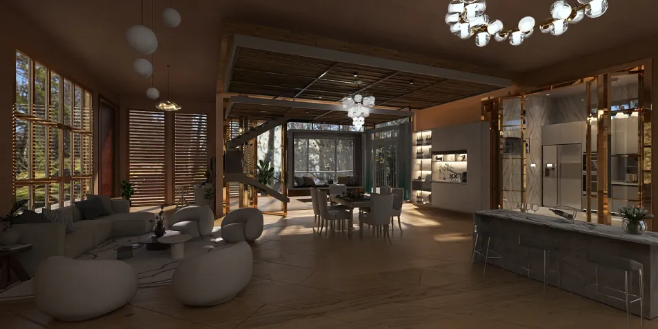 Living room featuring comfortable furniture layout in a modern rustic style, showcasing interior decor optimization with Homestyler's real-time 3D rendering.