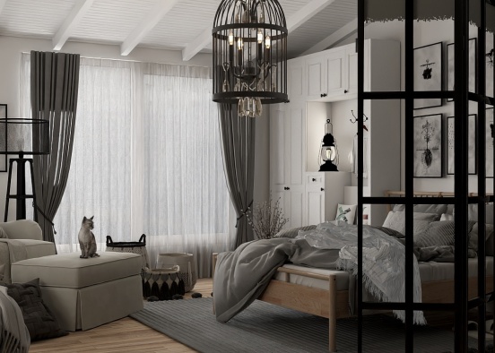 Grey Cottage Bedroom Design Rendering