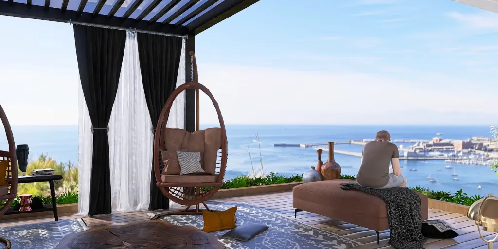 a hotel room with a balcony overlooking the ocean 