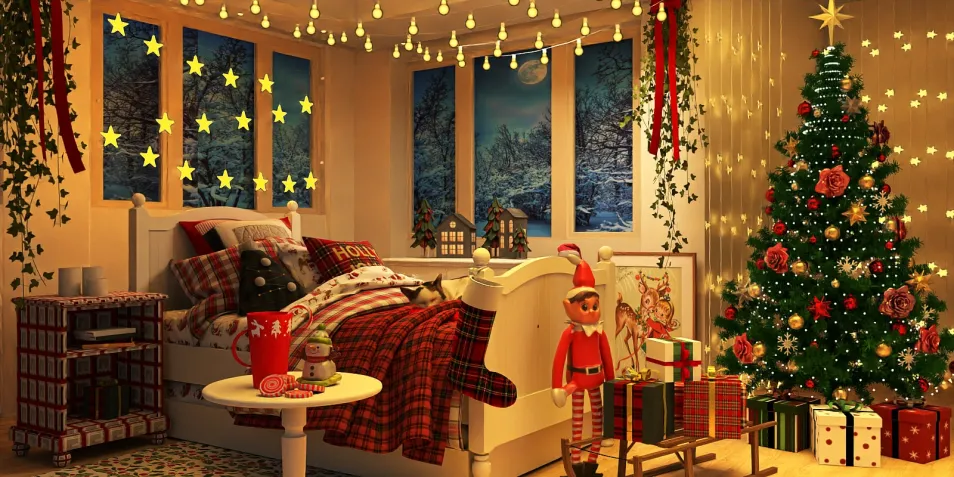 cozy Christmas bedroom featuring a decorated tree and festive lights, styled in a warm and inviting holiday design, showcasing Homestyler's 3D rendering feature.