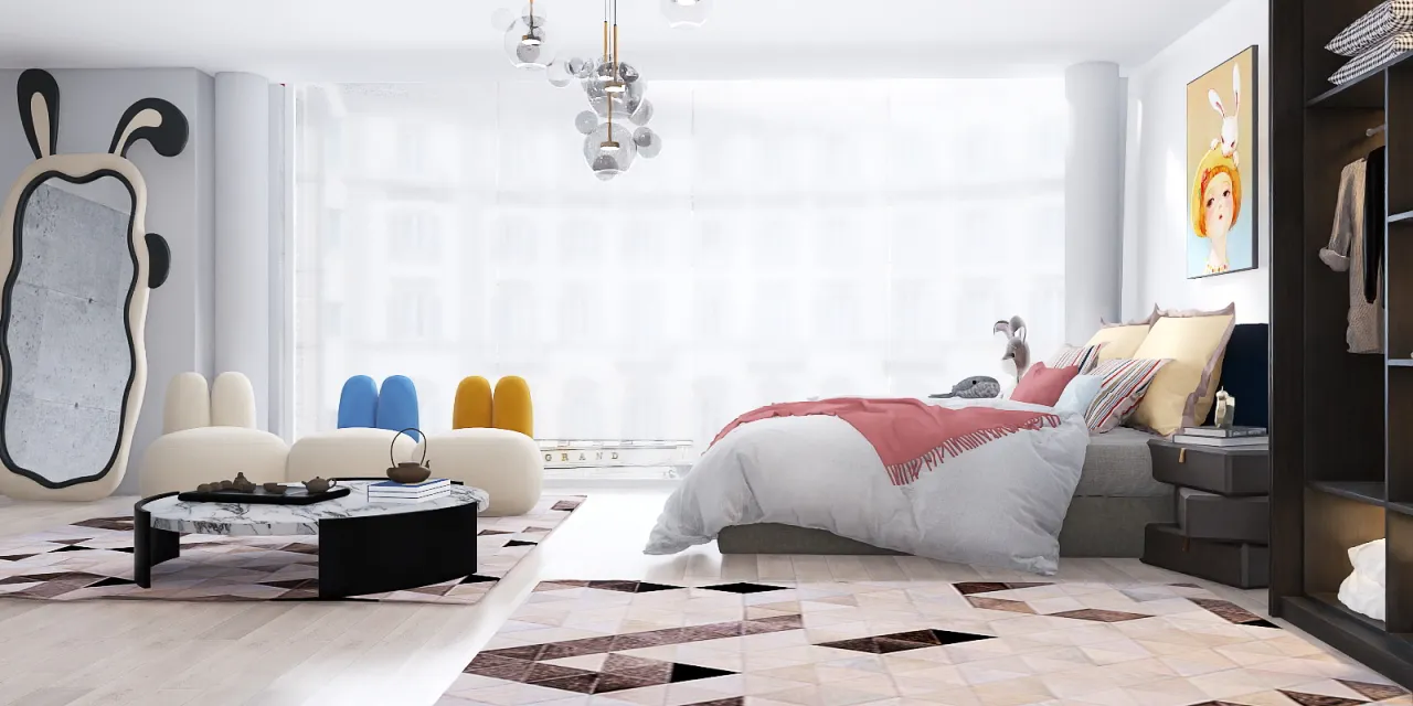 a living room with a couch, chair, and a lamp 