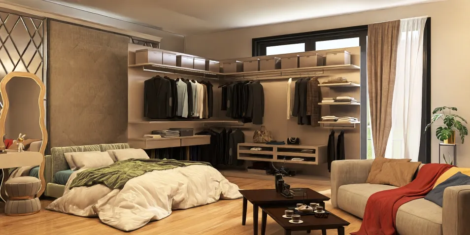 Cozy bedroom with stylish wardrobe arrangement showcasing smart furniture layout in modern minimalist style, emphasizing space optimization with Homestyler's intelligent furniture placement feature.