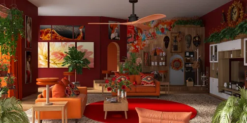 vibrant living room with warm orange decor featuring artistic wall paintings and a cozy seating arrangement, designed using Homestyler's advanced 3D rendering for an immersive interior experience.