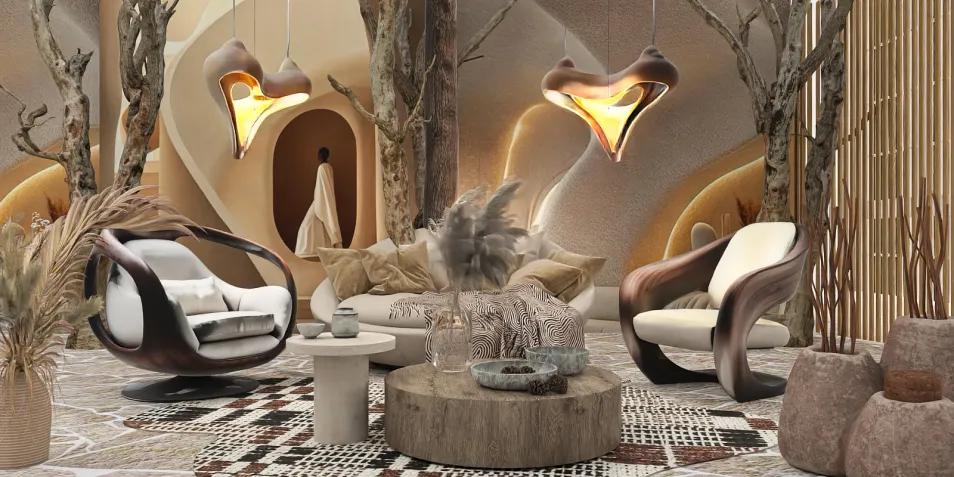 modern seating area featuring organic furniture design with a focus on nature-inspired decor showcasing the unique shapes and materials, ideal for interior design enthusiasts; highlighting Homestyler's real-time 3D rendering functionality.