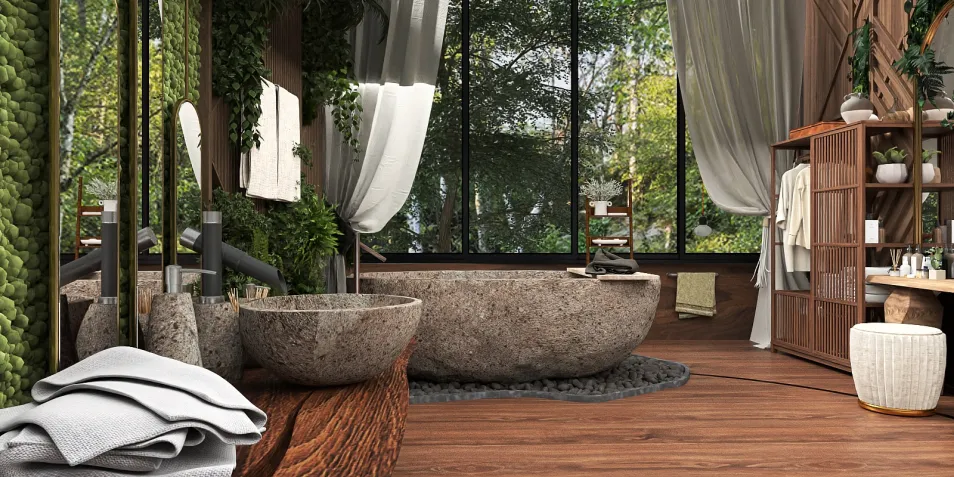 natural stone bathtub installation enhancing relaxation in a modern bathroom interior, featuring homestyler's real-time 3D rendering functionality for quick design visualization