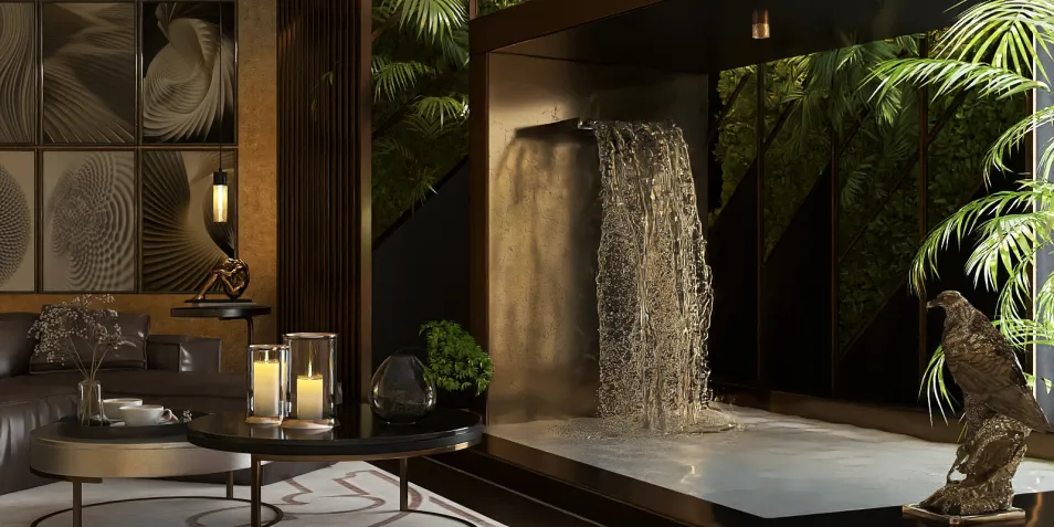 modern water feature design showcasing a tranquil ambiance in a luxurious interior space with a focus on relaxation, utilizing Homestyler's real-time 3D rendering for a realistic preview.