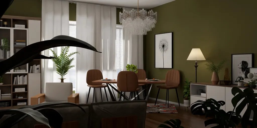 a living room with a couch, chair, table and a lamp 