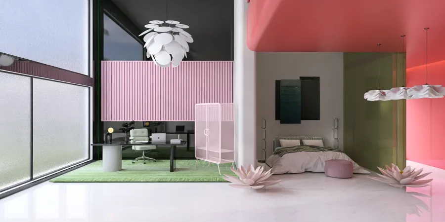 a room with a pink wall and a white bed 