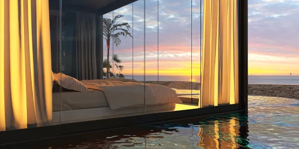 modern bedroom design with ocean view featuring large glass windows and warm curtains, showcasing a tranquil atmosphere, utilizing Homestyler's real-time 3D rendering for quick design proposal displays.