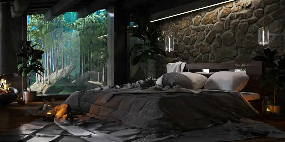 cozy bedroom with stone wall design and modern bedding featuring a serene view of nature, utilizing real-time 3D rendering for an immersive interior decor experience