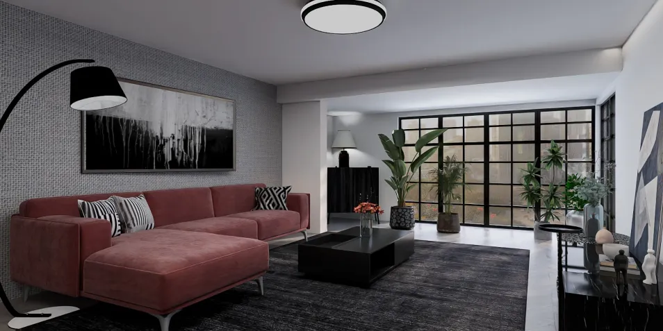 modern living room with a cozy red sofa and decorative plants, showcasing an elegant interior design style and highlighting Homestyler's real-time 3D rendering feature for decorating space visually.