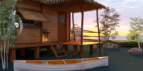 Wooden house overlooking a serene lake at sunset, featuring a rustic design and a boat moored nearby, showcasing the beauty of outdoor living, utilizing Homestyler's real-time 3D rendering capabilities.