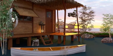 wooden cabin by the water with a boat and tropical plants creating a serene outdoor living space; featuring Homestyler's real-time 3D rendering for effective design previews.