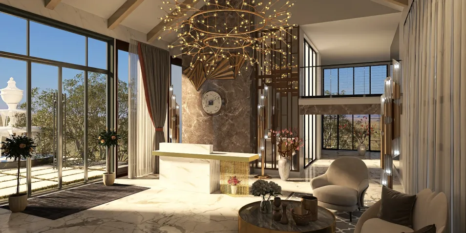 luxurious lobby interior design featuring a modern front desk and elegant lighting arrangement, showcasing a seamless blend of contemporary and classical design styles, highlights Homestyler's real-time 3D rendering feature for quick visual previews.