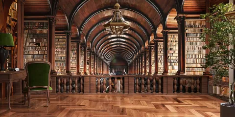 library interior design showcasing an expansive bookshelf and elegant wooden architecture with a cozy reading corner, utilizing Homestyler's real-time 3D rendering feature for a visual preview.